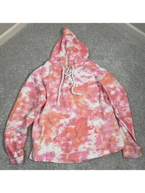 Southern Spirit Tie-Dye Hoodie Lace-Up Neck Pink & Orange Large Womens Beach